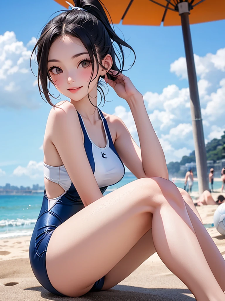 Highest quality、Masterpiece、Ultra-detailed、1 Girl、Folding ponytail、sitting on the beach、Happiness、(Enoshima Beach:1.2)、Small Hips、(Outdoor:1.3)、Low angle shot、Blue one piece swimsuit、at viewer、(open legs:0.6)、(camel:0.8)、Small breasts、Arena Shinsk、Under the blue sky、