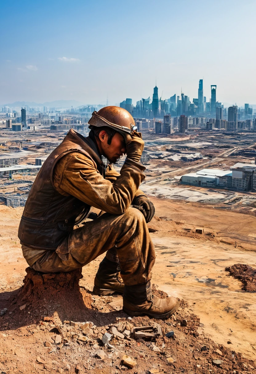 wasteland，老西部牛仔sit在石头上思考，thinker，Hand on cheek，(sit:1.2)，Rusty，The skyline in the distance