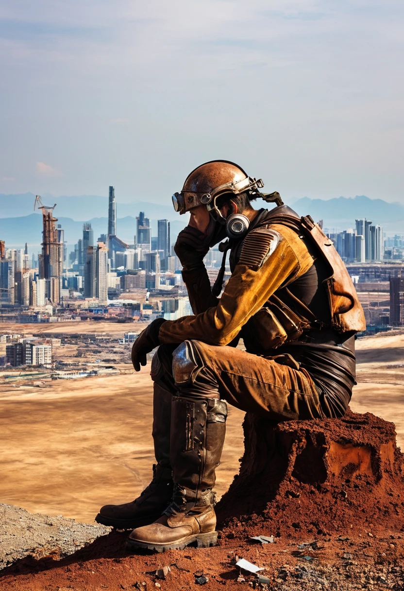 wasteland，老西部牛仔sit在石头上思考，thinker，Hand on cheek，(sit:1.2)，Rusty，The skyline in the distance