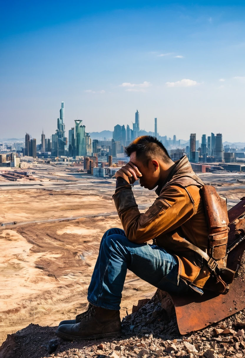 wasteland,老西部牛仔sit在石头上思考,thinker,Hand on cheek,(sit:1.2),Rusty,The skyline in the distance