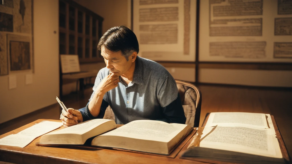 A middle-aged man sitting in a chair and reading the Bible、archeology、Hebrew、Open Bible、Historical documents、Bible Manuscripts、Outdated、museum、high resolution