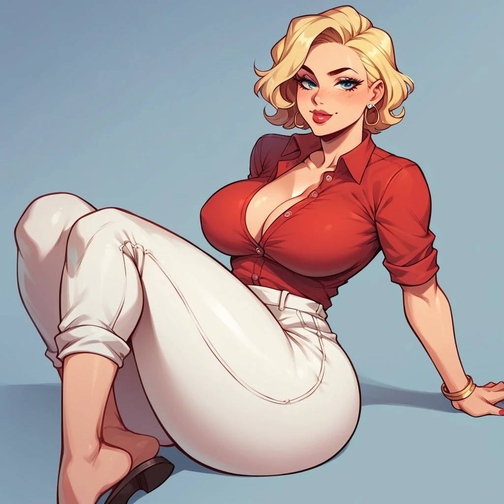 Mature woman Rita Loud , blonde red button down shirt tight pants ,breasts huge butt ,sexy random pose seductive and flirtatious long legs 