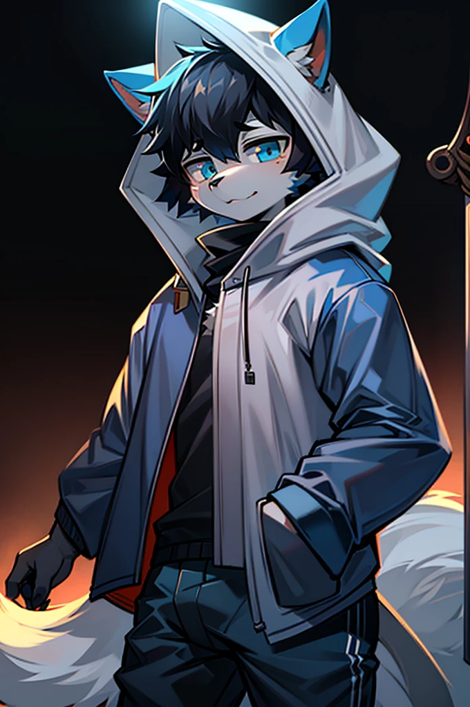 All staff side,walk,Anime style,Dark scene,Large background light source,five characters,The first one:hairy,16 years old,Young Style,Handsome,Bright Eyes,Male wolf,Dark blue hair,White hair on the face,Blue Eyes ,Yellow ear hair,Eye hair,Tail blue and white,Gray blue coat,Casual shorts,With a hood,Height 1.6 meters,Calm。The second:hairy,15 years old,Bright Eyes,Lovely,Male cats,White eyes,Blonde hair,White hair on face,Yellow and white tail,Grey short-sleeved shorts,casual-style,Height 1.6 meters,Wearing a cape,optimistic。The third:Furry Anthropomorphic,Deep eyes,16 years old,Handsome,Male wolf,Gray-black hair,Big gray tail,Wrapped in a black scarf,Wearing a grey coat,Hands in pockets,trousers,Height 1.7 meters,mysterious,Calm。The fourth:Furry Anthropomorphic,Bright Eyes,15 years old,Lovely,Male cats,White hair all over,White eyes,Height 1.6 meters,There are several black tree-like lines on the face,Blue windbreaker and shorts,The tail is slightly pale white,Calm。Fifth:Male yellowish white fur, 17 years old,blue eyes, White hair (long), Wearing blue shorts and boxer shorts, Casual Clothing, Young Style, Height 1.7 meters, Handsome, Has a tail,Bright Eyes。