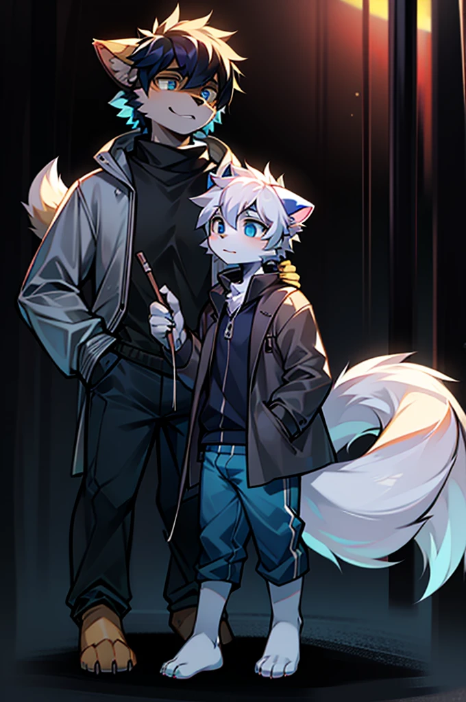 All staff side，walk，Anime style，Dark scene，Large background light source，five characters，The first one：hairy，16 years old，Young Style，Handsome，Bright Eyes，Male wolf，Dark blue hair，White hair on the face，Blue Eyes ，Yellow ear hair，Eye hair，Tail blue and white，Gray blue coat，Casual shorts，With a hood，Height 1.6 meters，Calm。The second：hairy，15 years old，Bright Eyes，Lovely，Male cats，White eyes，Blonde hair，White hair on face，Yellow and white tail，Grey short-sleeved shorts，casual-style，Height 1.6 meters，Wearing a cape，optimistic。The third：Furry Anthropomorphic，Deep eyes，16 years old，Handsome，Male wolf，Gray-black hair，Big gray tail，Wrapped in a black scarf，Wearing a grey coat，Hands in pockets，trousers，Height 1.7 meters，mysterious，Calm。The fourth：Furry Anthropomorphic，Bright Eyes，15 years old，Lovely，Male cats，White hair all over，White eyes，Height 1.6 meters，There are several black tree-like lines on the face，Blue windbreaker and shorts，The tail is slightly pale white，Calm。Fifth：Male yellowish white fur, 17 years old，blue eyes, White hair (long), Wearing blue shorts and boxer shorts, Casual Clothing, Young Style, Height 1.7 meters, Handsome, Has a tail，Bright Eyes。