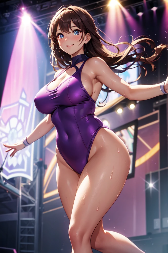(high quality, High resolution, The finer details), Realistic, A woman wearing a light purple high-leg leotard, BREAK twirling, Air Jump, A powerful leap, alone, Curvy Women, Sparkling eyes, (Detailed eyes), smile, blush, (Sweat), (Oily skin), Dramatic lighting effects, Shallow depth of field, Spotlights on stage, Contrasting Shadows, Bokeh, Studio Lighting