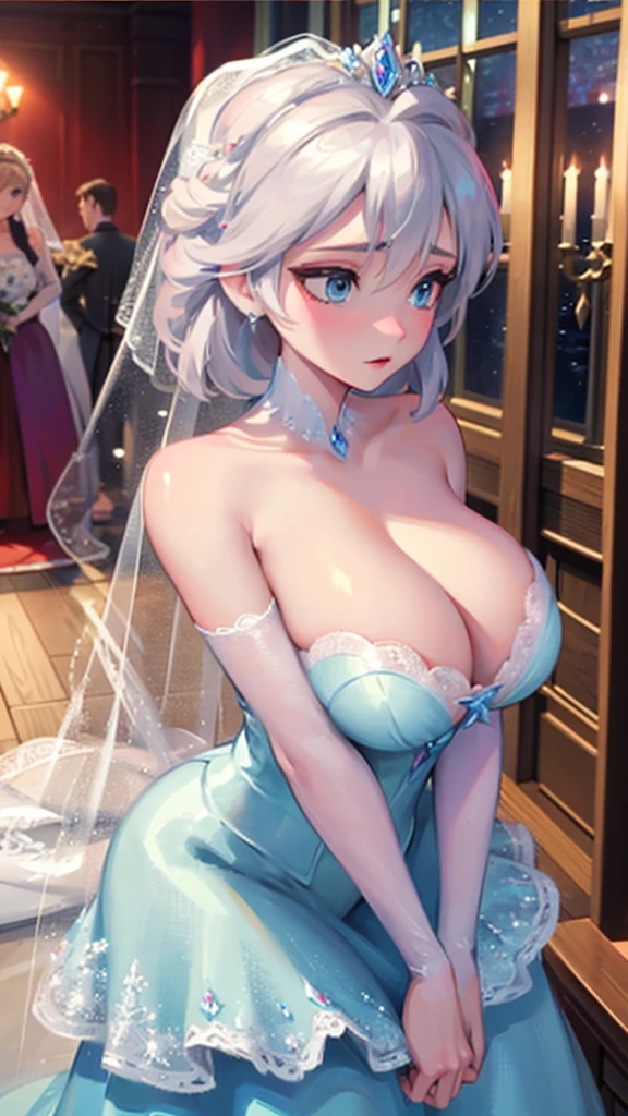 Princess Elsa from frozen with huge breasts with a micro bra and a wedding dress with a huge lace neckline with a veil and bouquet in the winter