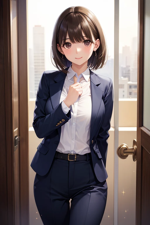 anegasaki nene、Shiny brown hair, short hair, (Beautiful brown eyes、Sparkling eyes, Fine grain)、smile、Ultra-detailed eyes、非常にDetailed face, Very detailedな目,

masterpiece, Highest quality, Highest quality, Beautiful and aesthetic:1.2), Very detailedな, Detailed clothing, Detailed clothing, Detailed face, 

((masterpiece))、((Highest quality))、photograph、reality、High resolution、Advanced Depth of Field、Very detailed、Realistic lighting、secretary、30 years old、Delicate features、short hair、Realistic background and accessories、Sexy lips、Elevator in the building、Navy jacket、Open the front of your jacket、A deep red lace bra that fits snugly around the chest、Wide-angle、Shyness、小さなsmile、Suit pants、Long legs、