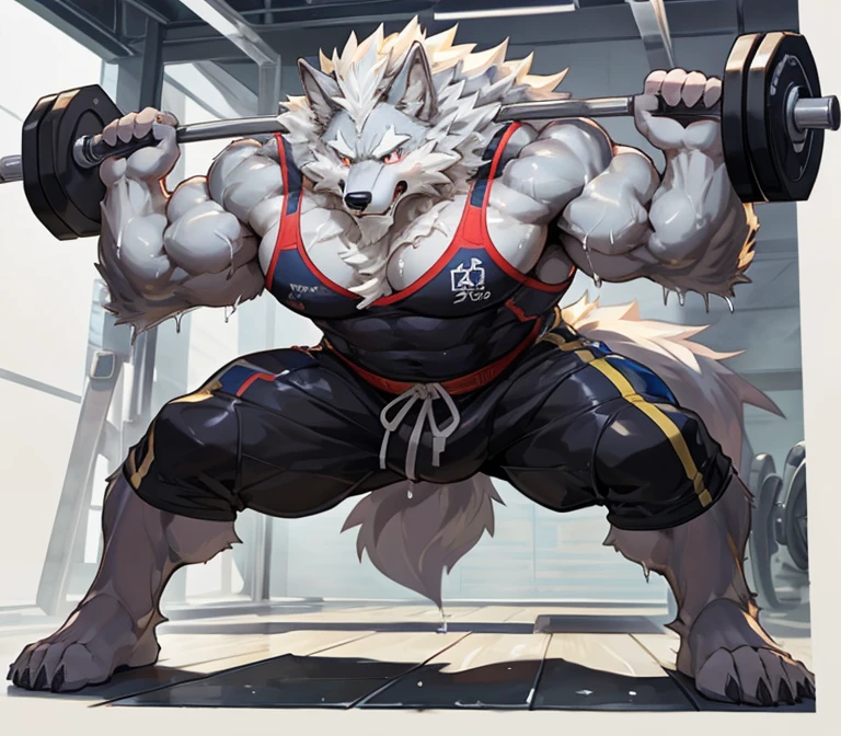 masterpiece,high quality,Japanese cartoons,Delicate eyes,Furry male gray wolf, law, Great physique,Strong arms, Gym, exercise, Dribbling, Wet, Gym suit,((Sexy pose)),nude,author：null-ghost,Pino Deheny