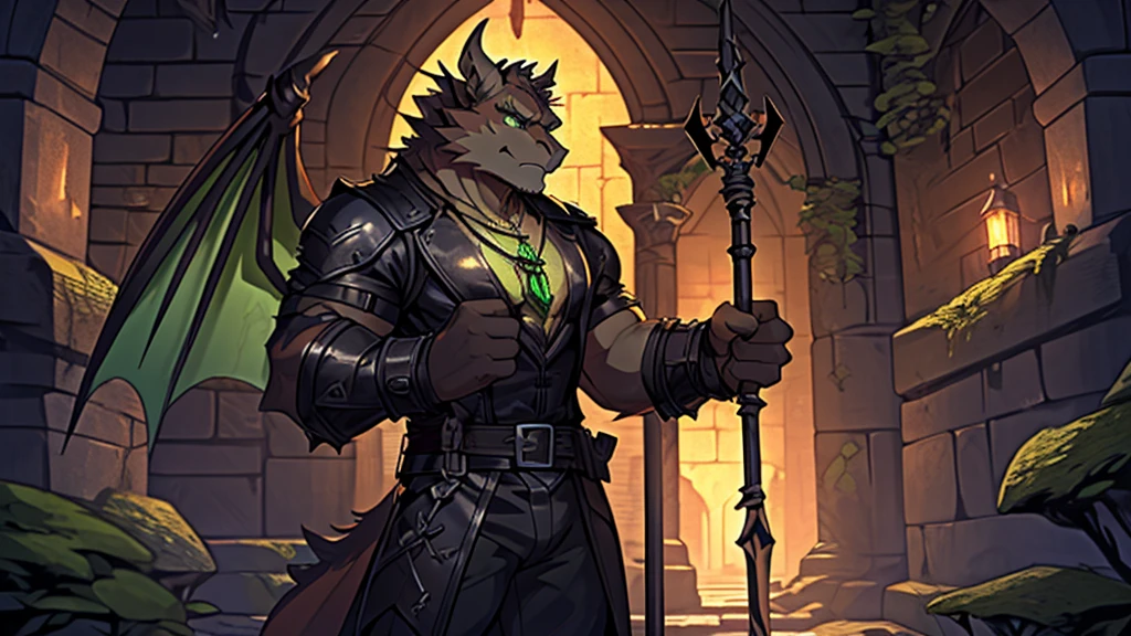 (one person,male,Holding a staff,Orange fur,green eyes,Nervous expression,Leather gear,necklace,Gargoyle),Dimly lit dungeons,green lichen,Detailed Background,4K,dark,dungeon style