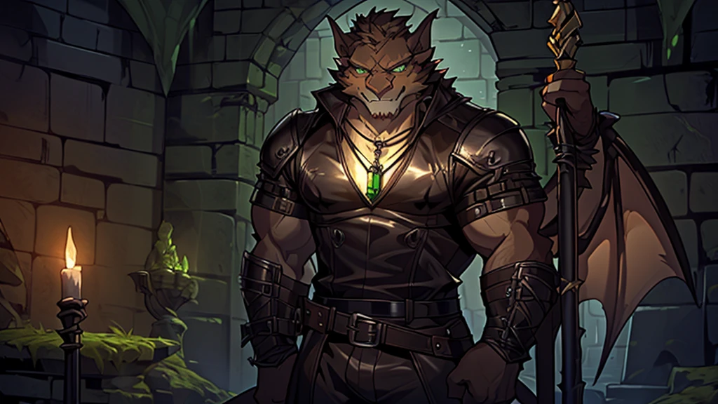 (one person,male,Holding a staff,Orange fur,green eyes,Nervous expression,Leather gear,necklace,Gargoyle),Dimly lit dungeons,green lichen,Detailed Background,4K,dark,dungeon style