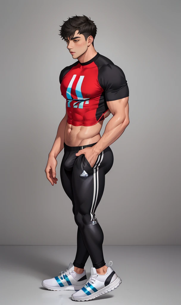 toned young man, full body, short black hair, adidas shirt, tight fitting shorts, bulge, chavalpha