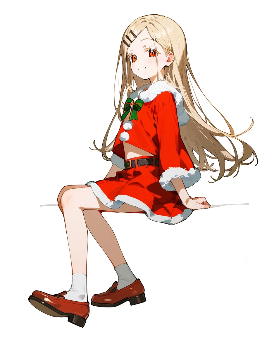 Highest quality, masterpiece, No correction, Beark 1 dhibi girl,shinosawa hiro,thin,Orange eyes,White eyelashes,Blonde,Long Hair,Hair Clip,cros hair clip,flat chest,white background,mini red skirt,santa costume,full body,from side,close mouth,smile,