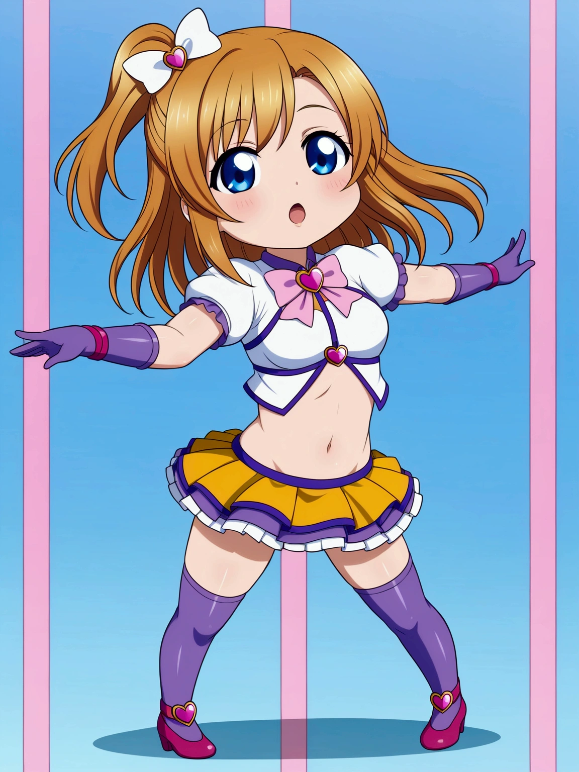 (Masterpiece, Best Quality, High Quality), Kousaka honoka, purple elbow gloves, white top,short sleeves, micro pleated skirt, purple skirt, light purple thighhighs, magical girl , midriff , blue eyes,solo,chibi,full body , standing 