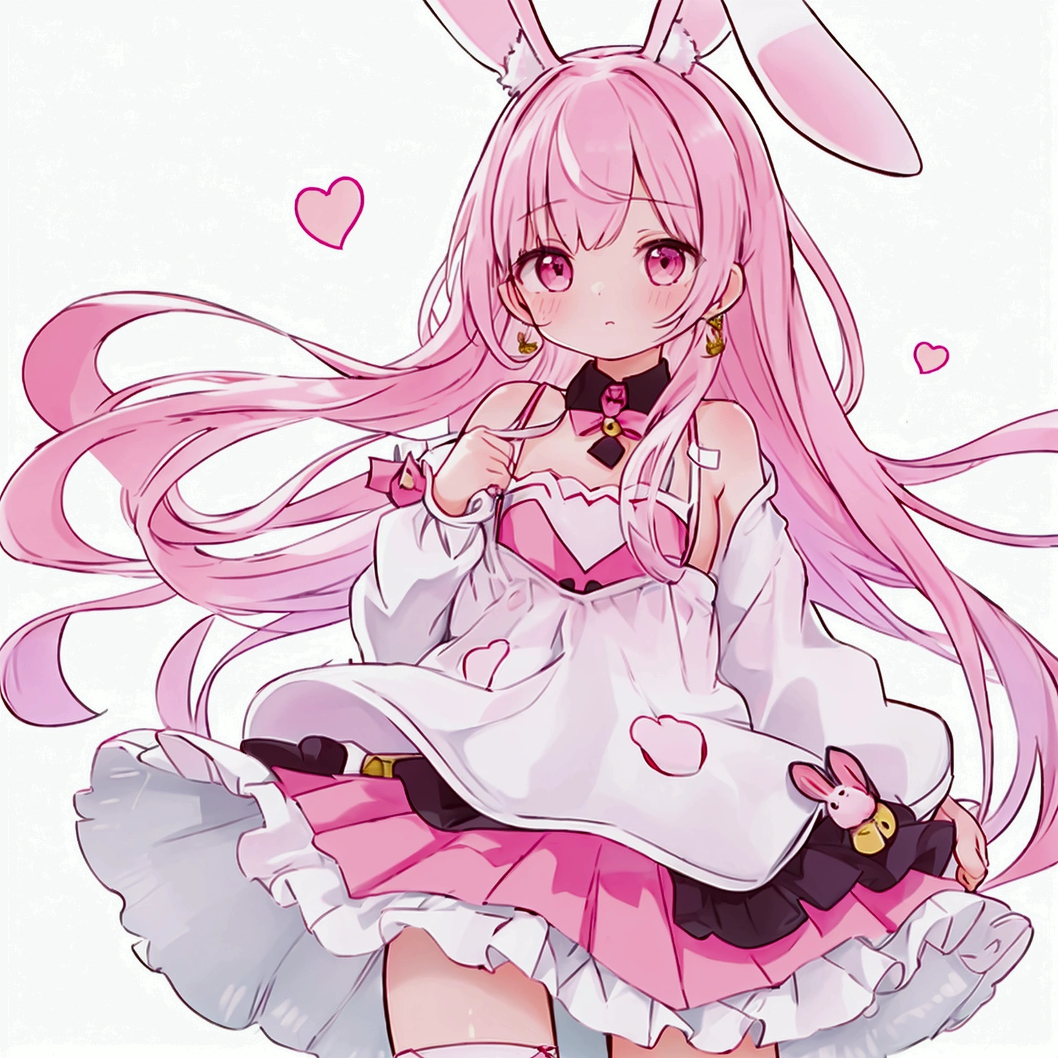 One girl, High resolution, solo, Long Hair, Gaze, chest, Animal ears, Pink eyes, masterpiece, Anatomically correct, Highest quality, とてもLong Hair, Hair blowing in the wind, Pink Hair、Bunny ears、droopy rabbit ears、Earrings, Animal ears, Bunny ears, cute