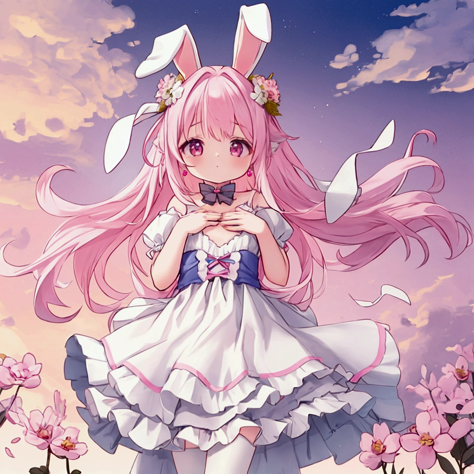 One girl, High resolution, solo, Long Hair, Gaze, chest, Animal ears, Pink eyes, masterpiece, Anatomically correct, Highest quality, とてもLong Hair, Hair blowing in the wind, Pink Hair、Bunny ears、droopy rabbit ears、Earrings, Animal ears, Bunny ears, cute