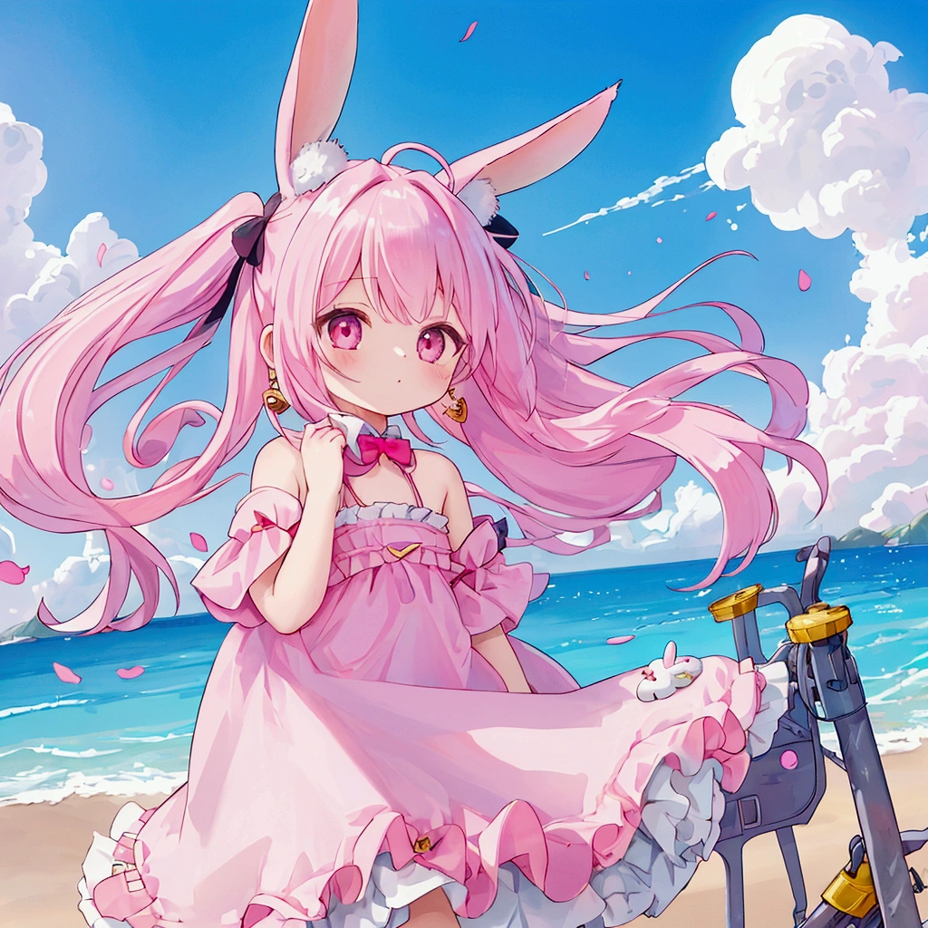 (Highly detailed CG Unity 8k wallpaper), (Best Quality), (Super Detail), (Best Illustration), (Best Shadow), POV, Realistic lighting and shading, Natural light, Lens flare effect,

 BREAK, 1 beautiful girl, Solo,(Cute:1.5),(Chibi:0.8), (kawaii:1.5),(Lori:0.5),
((girl, Cute, Graceful, Loli face)) ,(medium breasts),(Orange Eyes:1.2),(A pink-haired,short twintails,tareme:1.2), gleaming skin,Stuffed rabbit,

BREAK,(Rabbit ear headband:1.5),(Wet Casual Beachwear:1.2), (Lightweight summer dress with torn chest,Illustrated carrots:1.2), (Light Blue Eyeshadow:1.0), (Beautiful barefoot like a goddess:1.0), (Earrings in the shape of a moon:1.1), (Lace headband:1.0), (Cute Accessories:1.3), ((*´◒`*):1.1), (Sprint:1.3), (Tsunami-ravaged beach in the background:1.3), 

 BREAK,🌇,（Multiple yakuza old men wearing sunglasses are chasing:1.5)