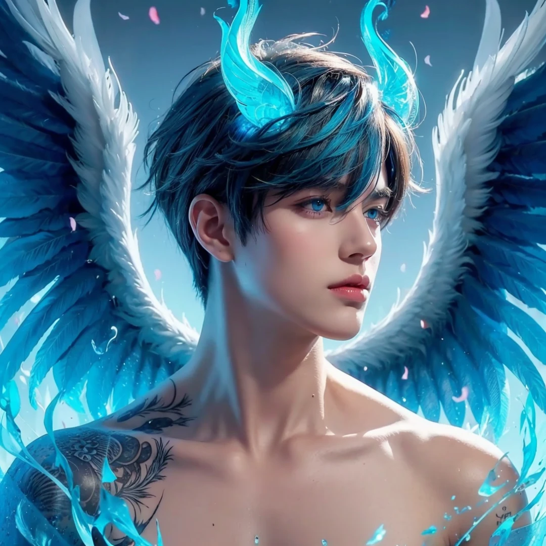Handsome boy, blue hair, shining blue eyes, blue wings