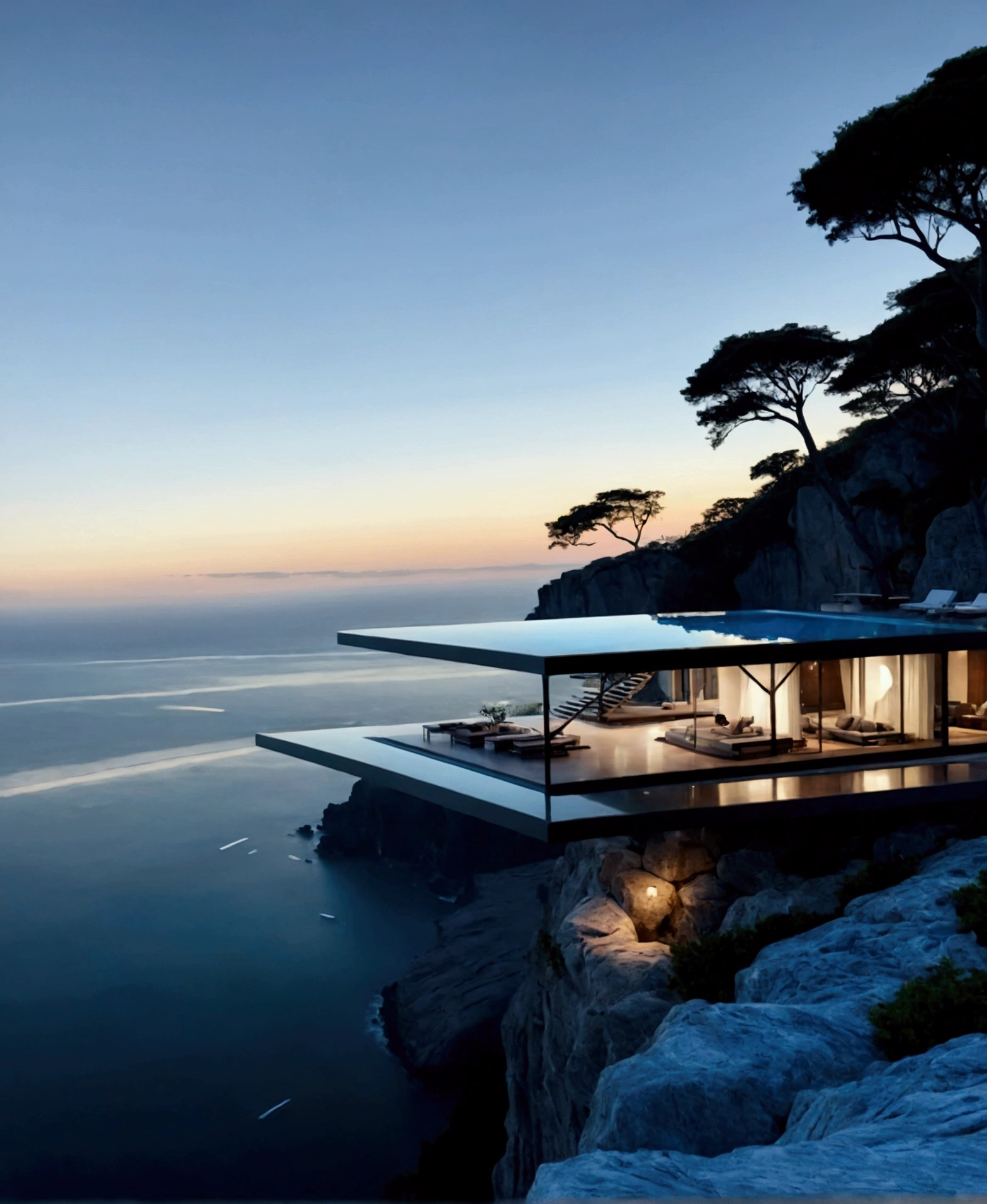 
The image showcases a breathtaking modern architectural marvel set against a serene ocean backdrop. The building features an infinity pool on an upper deck that seamlessly blends with the horizon, creating a mesmerizing visual effect. Below this level is a spacious, open-air living area with minimalist furniture, including lounge chairs, a coffee table, and a sofa, all designed to maximize comfort while maintaining a sleek aesthetic.

The structure is perched on the edge of a cliff, offering stunning panoramic views of the ocean and distant mountains. A large tree nearby adds a touch of natural beauty and contrast to the modern design. The use of glass walls allows for unobstructed views and an abundance of natural light, enhancing the feeling of being immersed in the surrounding landscape.

Overall, the image exudes a sense of tranquility, luxury, and harmony with nature, making it an ideal setting for relaxation and contemplation.