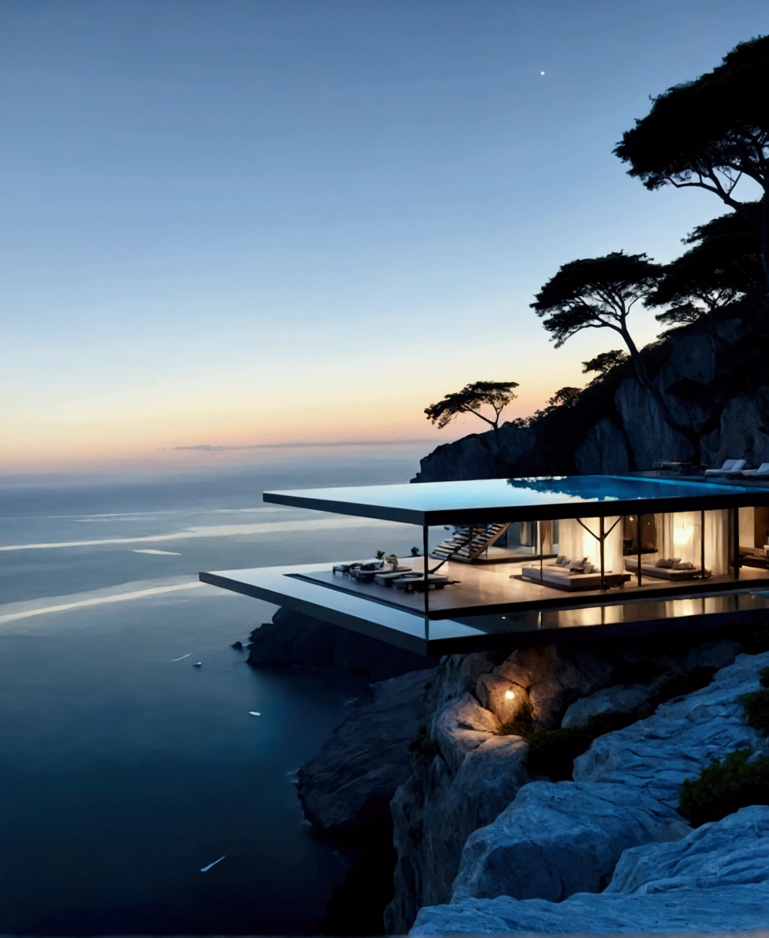 
The image showcases a breathtaking modern architectural marvel set against a serene ocean backdrop. The building features an infinity pool on an upper deck that seamlessly blends with the horizon, creating a mesmerizing visual effect. Below this level is a spacious, open-air living area with minimalist furniture, including lounge chairs, a coffee table, and a sofa, all designed to maximize comfort while maintaining a sleek aesthetic.

The structure is perched on the edge of a cliff, offering stunning panoramic views of the ocean and distant mountains. A large tree nearby adds a touch of natural beauty and contrast to the modern design. The use of glass walls allows for unobstructed views and an abundance of natural light, enhancing the feeling of being immersed in the surrounding landscape.

Overall, the image exudes a sense of tranquility, luxury, and harmony with nature, making it an ideal setting for relaxation and contemplation.