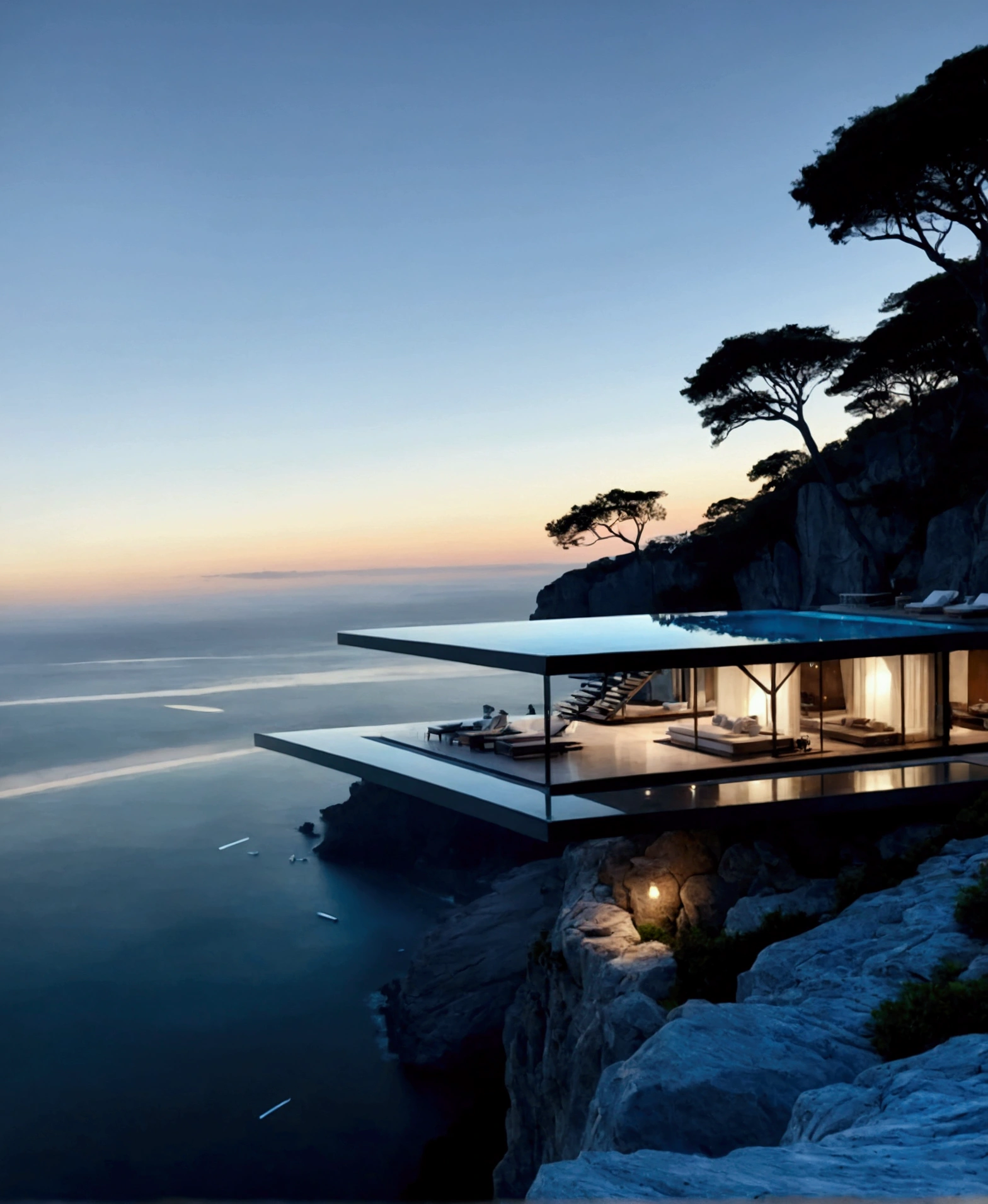 
The image showcases a breathtaking modern architectural marvel set against a serene ocean backdrop. The building features an infinity pool on an upper deck that seamlessly blends with the horizon, creating a mesmerizing visual effect. Below this level is a spacious, open-air living area with minimalist furniture, including lounge chairs, a coffee table, and a sofa, all designed to maximize comfort while maintaining a sleek aesthetic.

The structure is perched on the edge of a cliff, offering stunning panoramic views of the ocean and distant mountains. A large tree nearby adds a touch of natural beauty and contrast to the modern design. The use of glass walls allows for unobstructed views and an abundance of natural light, enhancing the feeling of being immersed in the surrounding landscape.

Overall, the image exudes a sense of tranquility, luxury, and harmony with nature, making it an ideal setting for relaxation and contemplation.