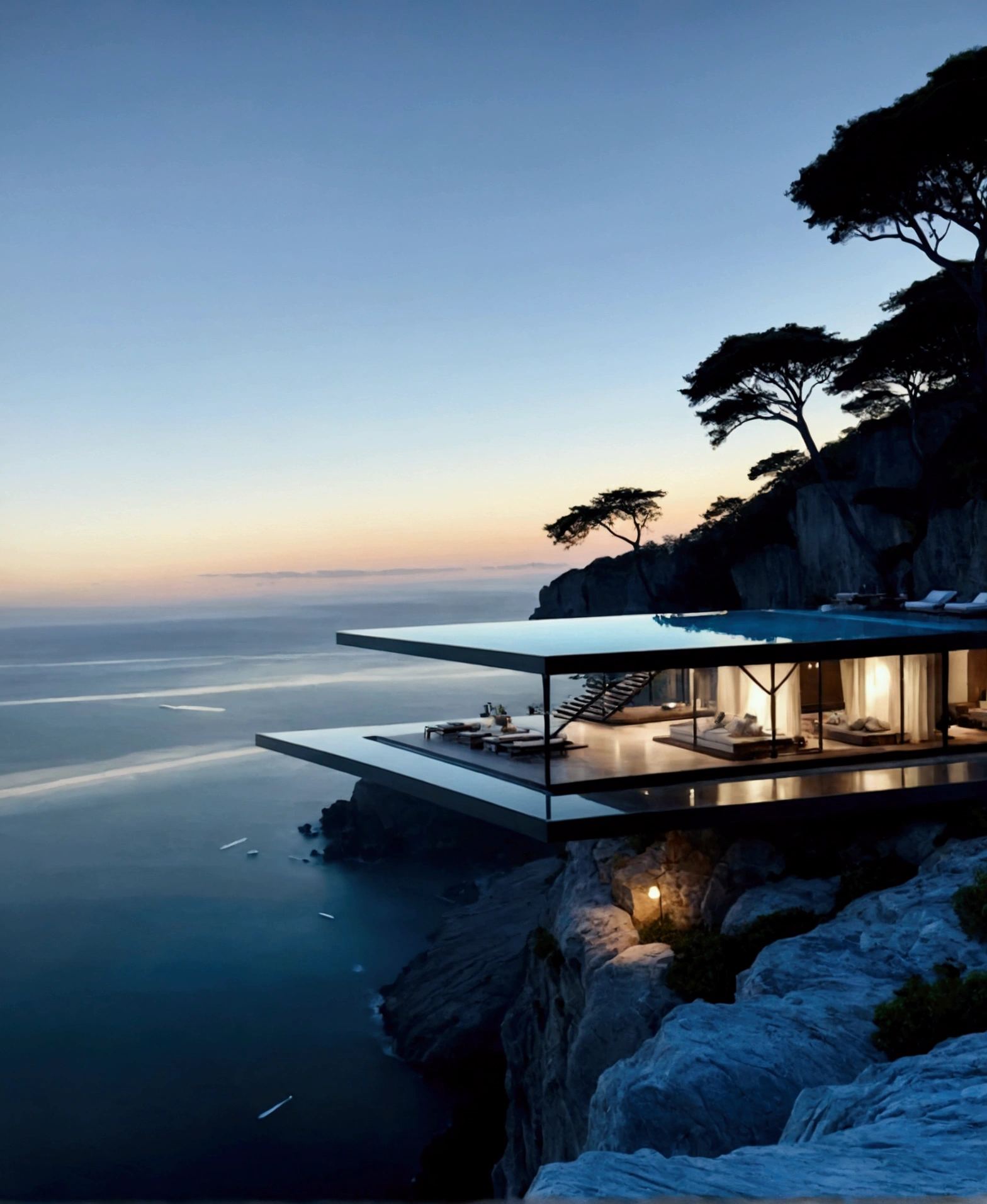 
The image showcases a breathtaking modern architectural marvel set against a serene ocean backdrop. The building features an infinity pool on an upper deck that seamlessly blends with the horizon, creating a mesmerizing visual effect. Below this level is a spacious, open-air living area with minimalist furniture, including lounge chairs, a coffee table, and a sofa, all designed to maximize comfort while maintaining a sleek aesthetic.

The structure is perched on the edge of a cliff, offering stunning panoramic views of the ocean and distant mountains. A large tree nearby adds a touch of natural beauty and contrast to the modern design. The use of glass walls allows for unobstructed views and an abundance of natural light, enhancing the feeling of being immersed in the surrounding landscape.

Overall, the image exudes a sense of tranquility, luxury, and harmony with nature, making it an ideal setting for relaxation and contemplation.