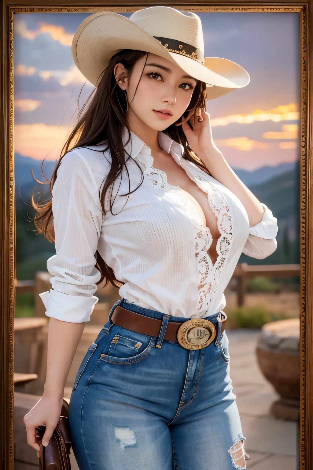 digital portrait, realistic depiction of the human body, RAW photo, one weasten cow girl, Security Officer, gentle gray eyes, plump lips, An ennui look, huge firm bouncing busts, Long brown hair, horse riding, (((Cowboy hat, 着古した茶色の革のSecurity Officerのジャケット, Lace shirt, Jeans short pants, Leather cowboy boots))), highest quality, super resolution, master piece:1.5, medium depth of field, 50ｍｍlens, cinematic lighting, Backlight, professional photographer, , Monument Valley, vast ranch, Sunset, sunset, Herd of cows, Wagon, duel