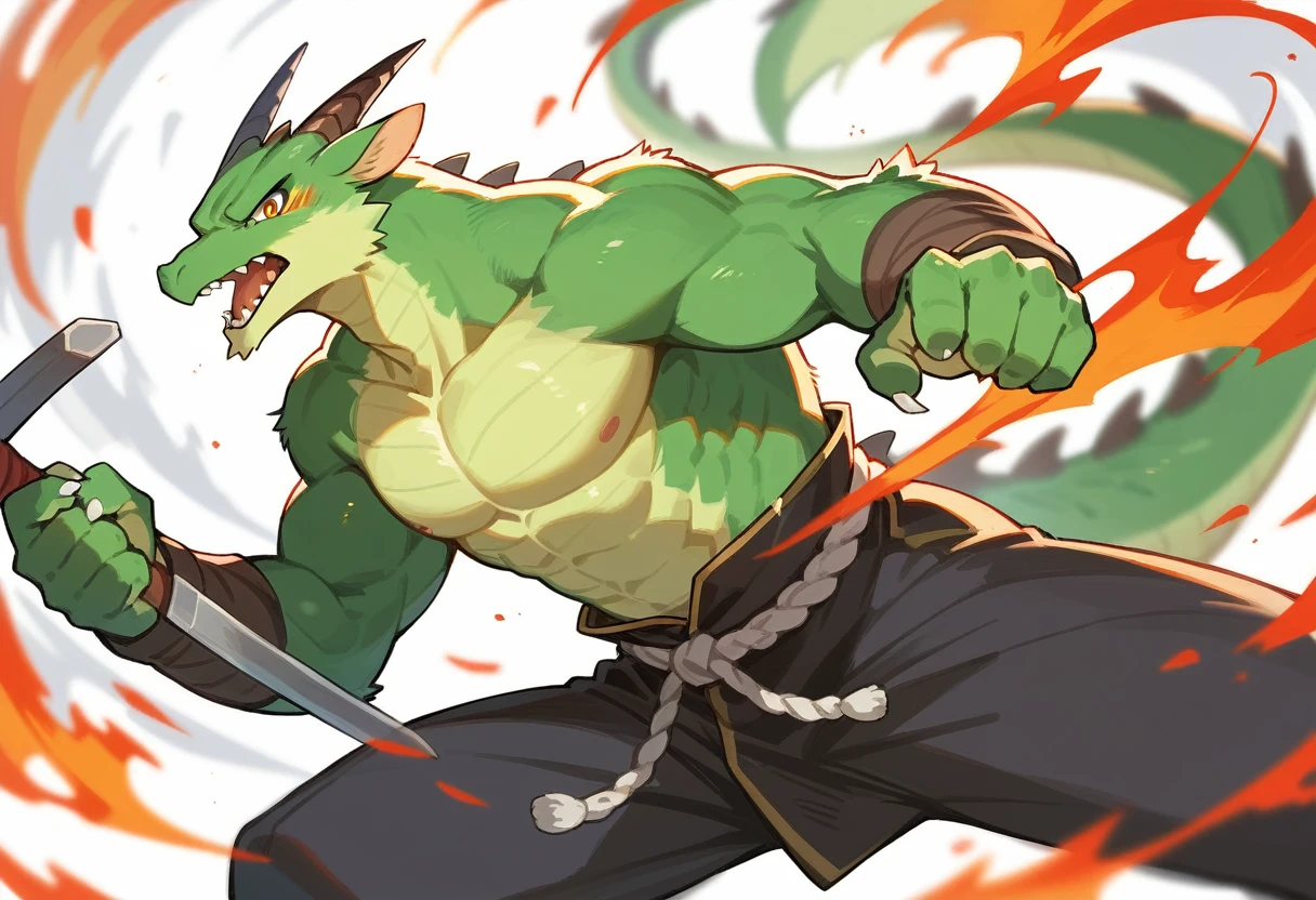 top quality, high-quality illustrations((masterpiece))depth of field, motion blur, absurdres, Perfect Anatomy, magnificent picture of kemono fighting fierce battles, kemono, 1boy, solo focus, Anthro((dramatic))epic, weapon, dynamic pose, One scene of movie,FURRY,dragon,Chinese,green body