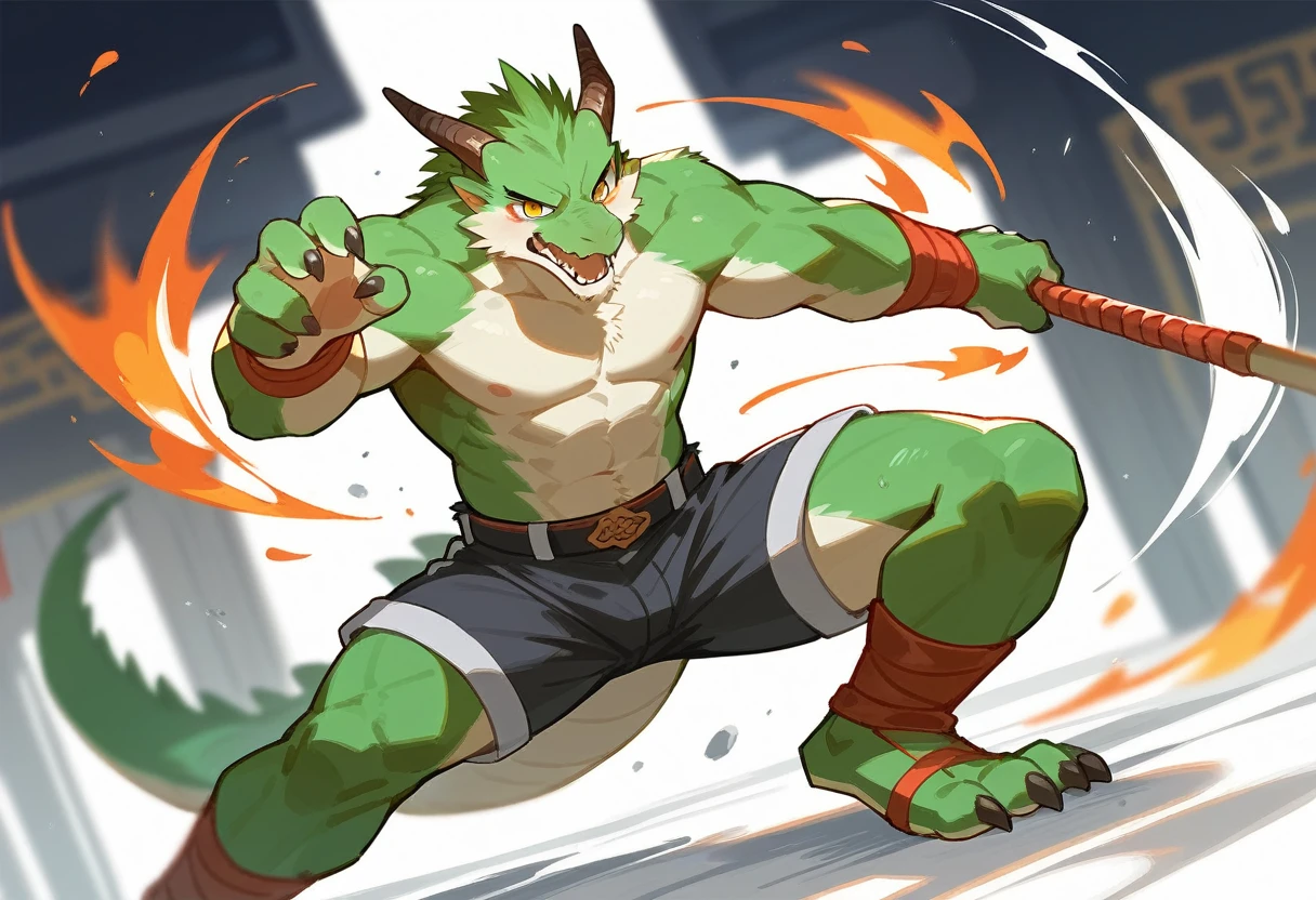 top quality, high-quality illustrations((masterpiece))depth of field, motion blur, absurdres, Perfect Anatomy, magnificent picture of kemono fighting fierce battles, kemono, 1boy, solo focus, Anthro((dramatic))epic, weapon, dynamic pose, One scene of movie,FURRY,dragon,Chinese,green body