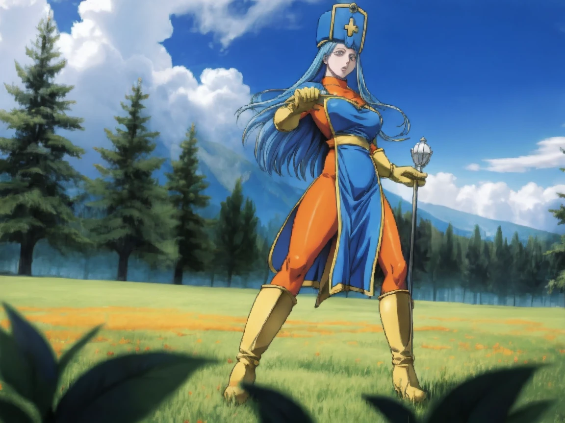 masterpiece, best quality, ultra-detailed, illustration, sage_(dq3), 1girl, (holding staff, staff:1.3), solo, long hair, blue hair, long blue mitre, blue eyes, large breasts, yellow gloves, (skintight fullbody orange leotard:1.2), blue front dress, yellow boots, holding out her priestess staff, standing, full body, grass, wind lift, simple background - nature background, BREAK, JRPG-style surrounded by monsters on the open meadow, (battle-stance:1.5), 