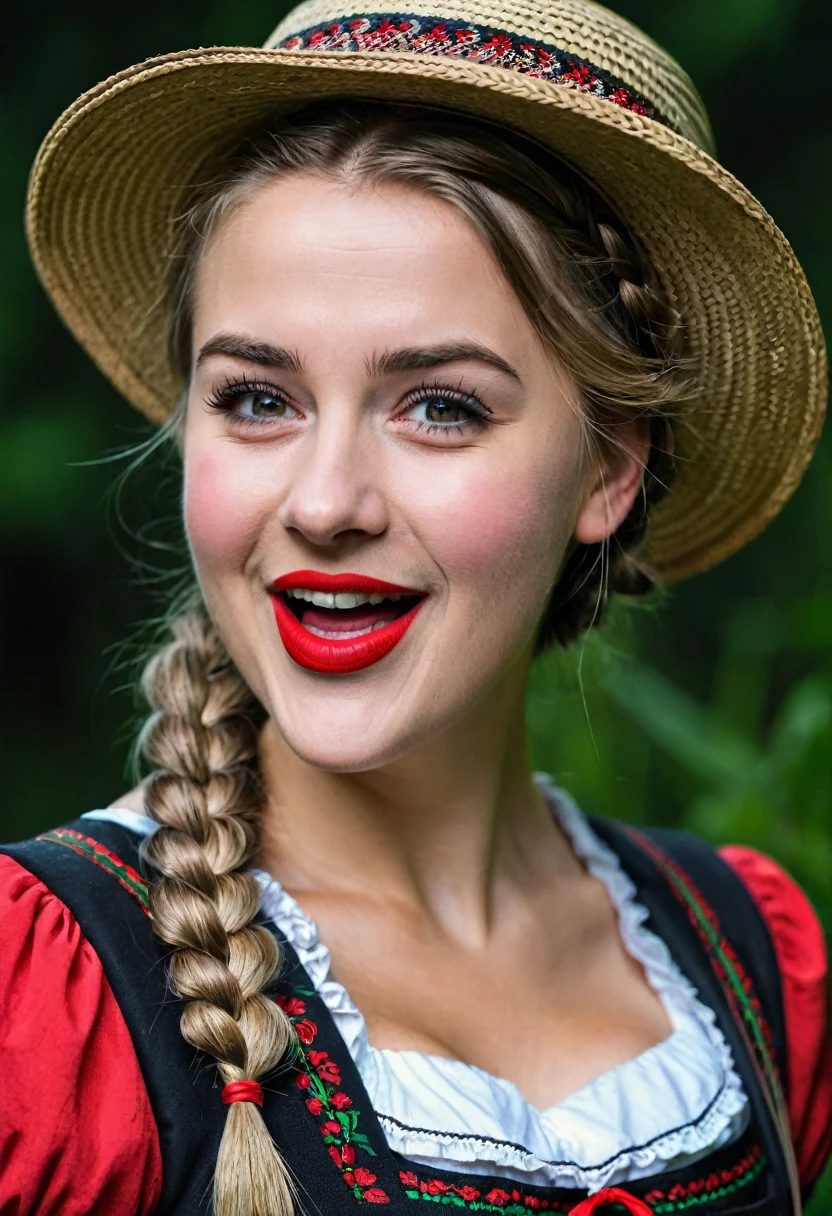 Black Forest Tourist Information Poster, young woman, farmer's braid, dirndl, and bollenhut, red lipstick, winking with one eye, dark background