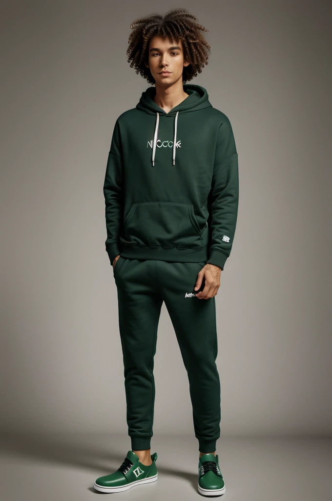 A drawing of tall boy with curly hairs in nlack hoodie and green crocs