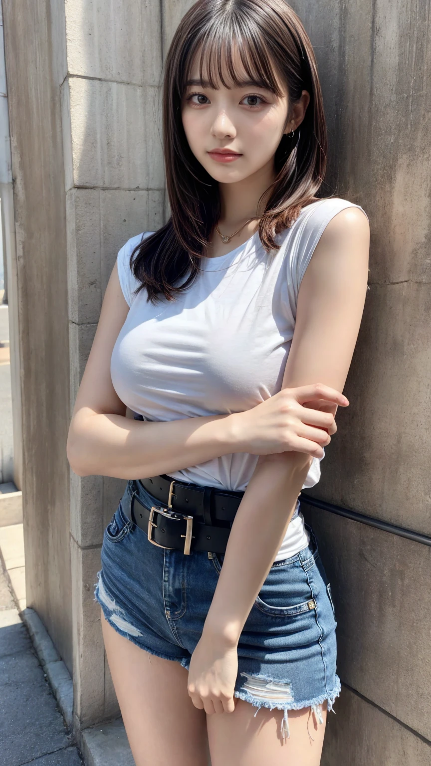 (masterpiece:1.2, Highest quality), 1 Female, alone, Upper Body, Big Breasts, dark wash skinny jeans, Oversized sweater, Ankle boots, Loose waves, Center Part, Simple hoop earrings, green park