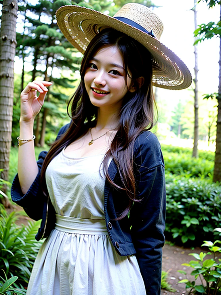 Person 1.5. neat and beautiful, 25 years old, great style, long hair, fashionable, dress, big hat, in the forest, smiling.
,