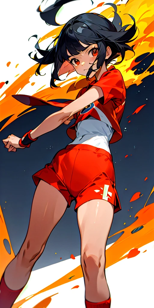girl, straight black hair with bangs, tan skin, fire type trainer, cute expression, competitive, Pokemon trainer outfit, red outfit,