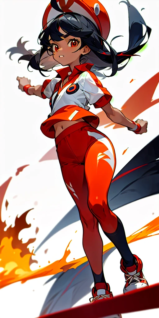 16 Year old girl, straight black hair with bangs, tan skin, fire type trainer, cute expression, competitive, Pokemon trainer outfit, red outfit,