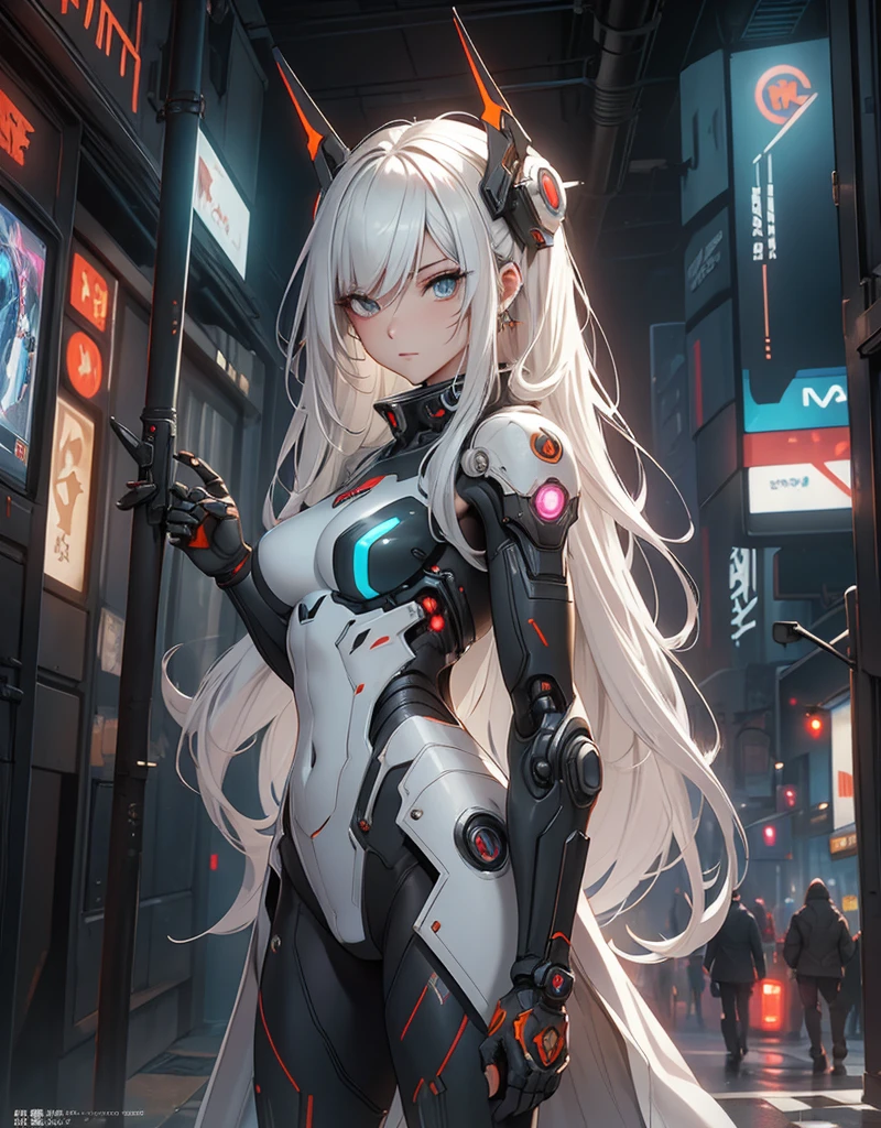 1girl, a beautiful girl cyborg cyberpunk with a cyberpunk city tall buildings, white hair, white and orange and black machine suit color combination, the body full of machine, realistic futuristic hologram, asian skin tone, beautiful eye, beautiful asian face, cyber ear machine, suits is solid mecha, realistic machine, sci fi scape, manipulation is a masterpiece, long hair, masterpiece, suit of cyberpunk, realistic sci fi building texture mecha aestethic, digital cyberpunk, looming over a city, cyber technology, realistic hair, lots of hair, white of hair, realistic metal solid texture of building, realistic neon glow, realistic neon sign, wonderful side lighting, realistic futuristic cyberpunk building, realistic girl robot cyberpunk, fog, foogy, masterpiece of detail, RAW IMAGE, depth of field, point of interes, depth of field is masterpiece, best photography composition masterpiece, natural realistic hair, rule of third masterpiece photography, natural lighting, photography masterpiece natural lighting from side, realistic skin texture, strong reflection, ( pose pinterest) masterpiece beautiful, Devil Horns, smooth pixel, ray of light, soft light, small breasts, mastepiece of cyber mask, masterpiece fantasy gun, carry a fantasy weapon