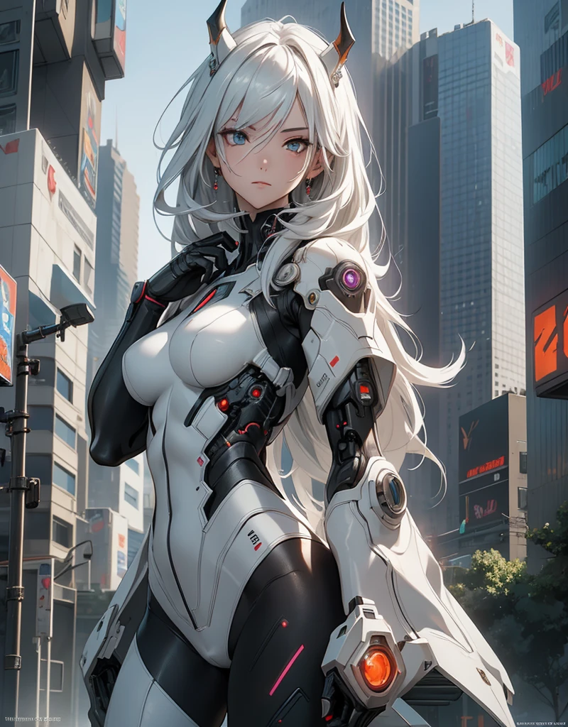 1girl, a beautiful girl cyborg cyberpunk with a cyberpunk city tall buildings, white hair, white and orange and black machine suit color combination, the body full of machine, realistic futuristic hologram, asian skin tone, beautiful eye, beautiful asian face, cyber ear machine, suits is solid mecha, realistic machine, sci fi scape, manipulation is a masterpiece, long hair, masterpiece, suit of cyberpunk, realistic sci fi building texture mecha aestethic, digital cyberpunk, looming over a city, cyber technology, realistic hair, lots of hair, white of hair, realistic metal solid texture of building, realistic neon glow, realistic neon sign, wonderful side lighting, realistic futuristic cyberpunk building, realistic girl robot cyberpunk, fog, foogy, masterpiece of detail, RAW IMAGE, depth of field, point of interes, depth of field is masterpiece, best photography composition masterpiece, natural realistic hair, rule of third masterpiece photography, natural lighting, photography masterpiece natural lighting from side, realistic skin texture, strong reflection, ( pose pinterest) masterpiece beautiful, Devil Horns, smooth pixel, ray of light, soft light, small breasts, mastepiece of cyber mask, masterpiece fantasy gun, carry a fantasy weapon