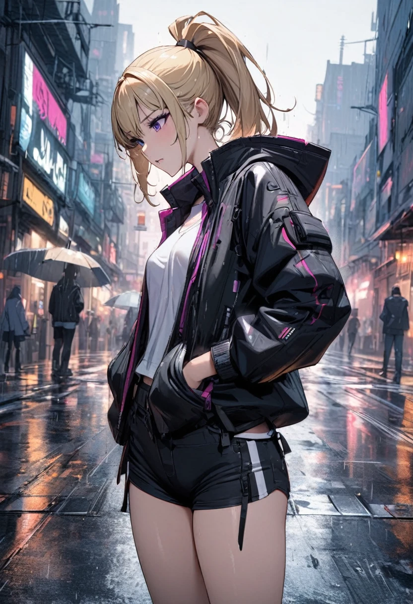 Young girl with blond hair, high ponytail, purple eyes, cyberpunk functional jacket, shorts, high quality masterpiece, rainy day