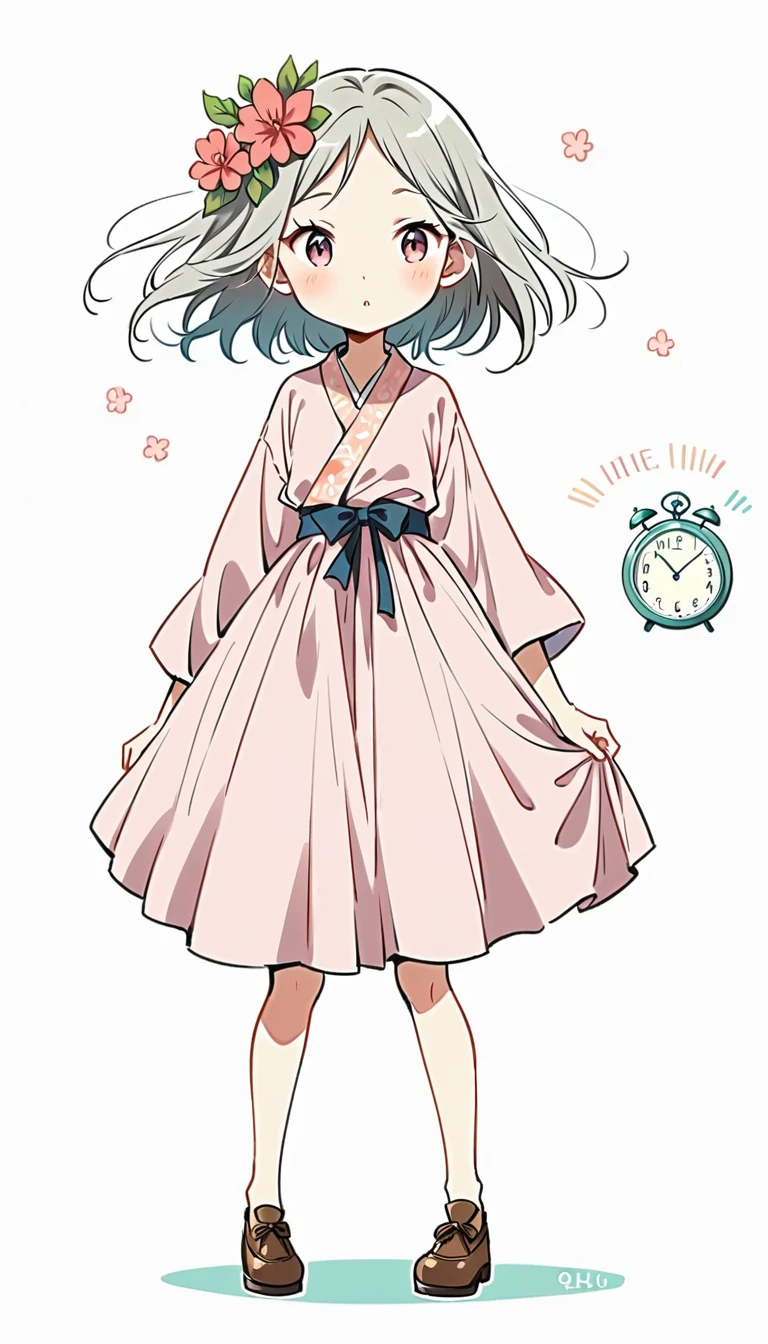 white background, Fujichoco style, pink kimono, (((The Most Beautiful Girl))), gray hair, ((Morye Clock)), white background, simple background, full body, Simple line initialism,