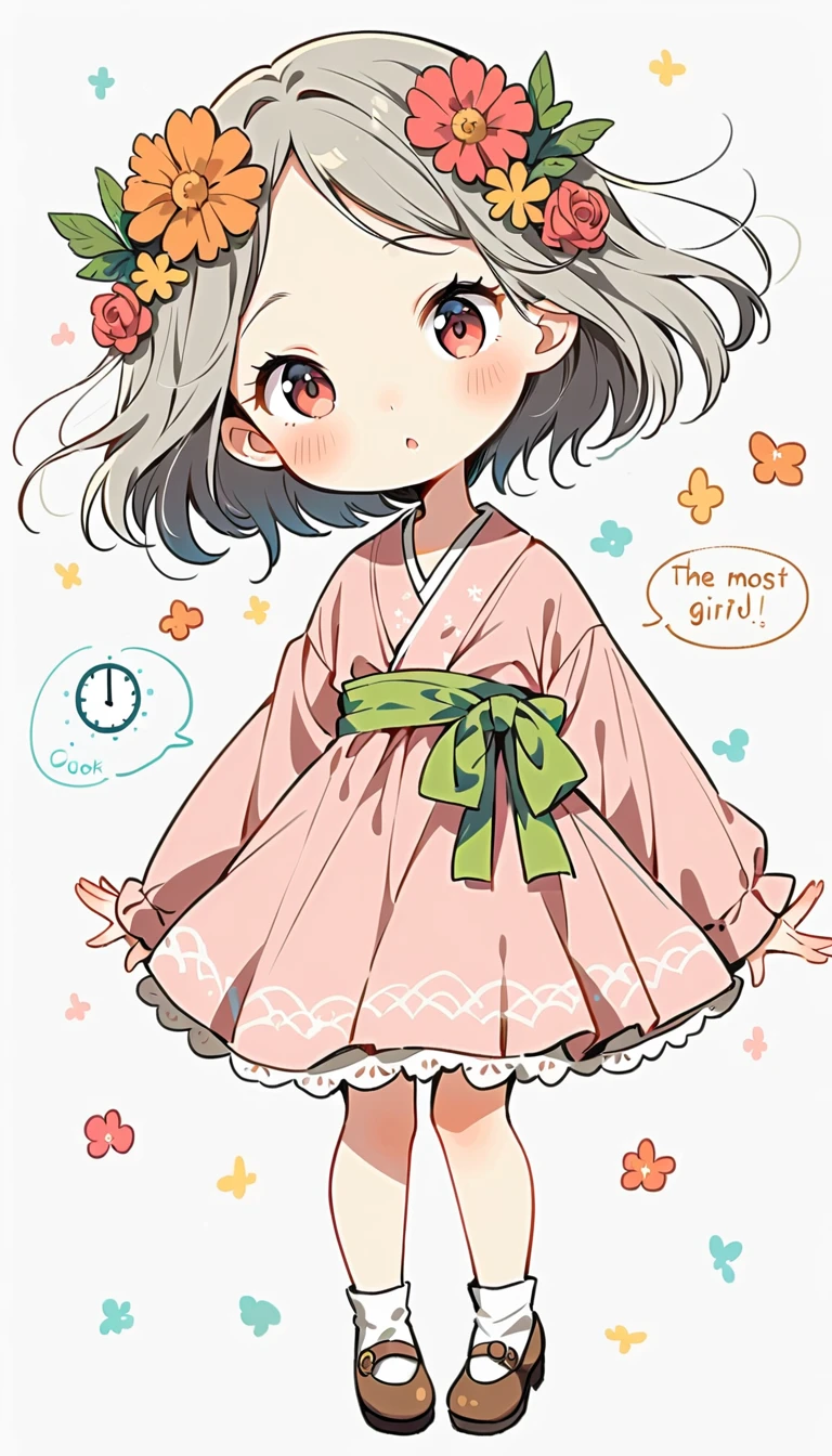 white background, Fujichoco style, pink kimono, (((The Most Beautiful Girl))), gray hair, ((Morye Clock)), white background, simple background, full body, Simple line initialism,