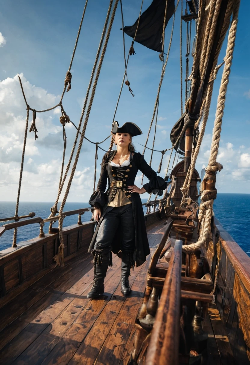 Aerial shot. A pirate woman looks into the sky, she is standing on a deck of medieval ship