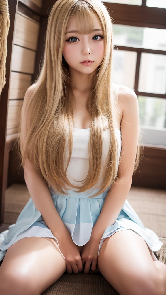 Highest quality、Highest quality、High resolution、8k、masterpiece、Young Japanese Woman、One Woman、blonde、blonde、Long Hair、Blurred Background、Big eyes、Daytime、sunlight、Tight Skirt、Sit and open your legs、I can see your panties、