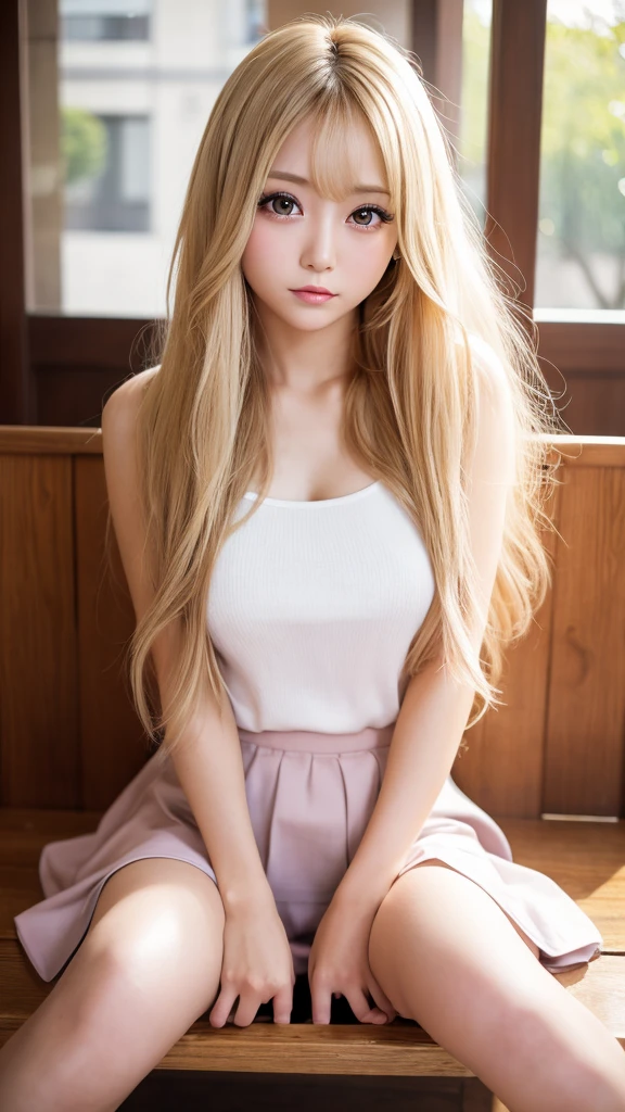 Highest quality、Highest quality、High resolution、8k、masterpiece、Young Japanese Woman、One Woman、blonde、blonde、Long Hair、Blurred Background、Big eyes、Daytime、sunlight、Tight Skirt、Sit and open your legs、I can see your panties、