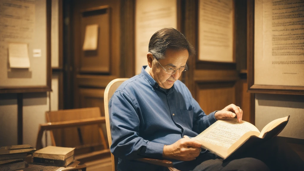 A middle-aged man sitting in a chair and reading the Bible、Hebrew、Historical documents、Bible Manuscripts、Outdated、museum、high resolution