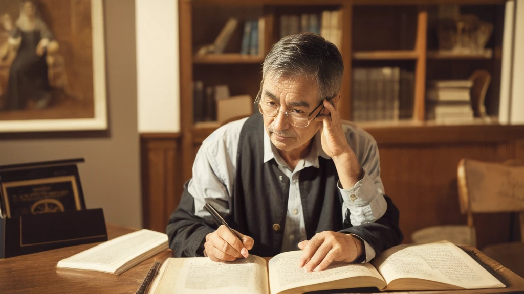 A middle-aged man sitting in a chair and reading the Bible、Hebrew、Historical documents、Bible Manuscripts、Outdated、museum、high resolution