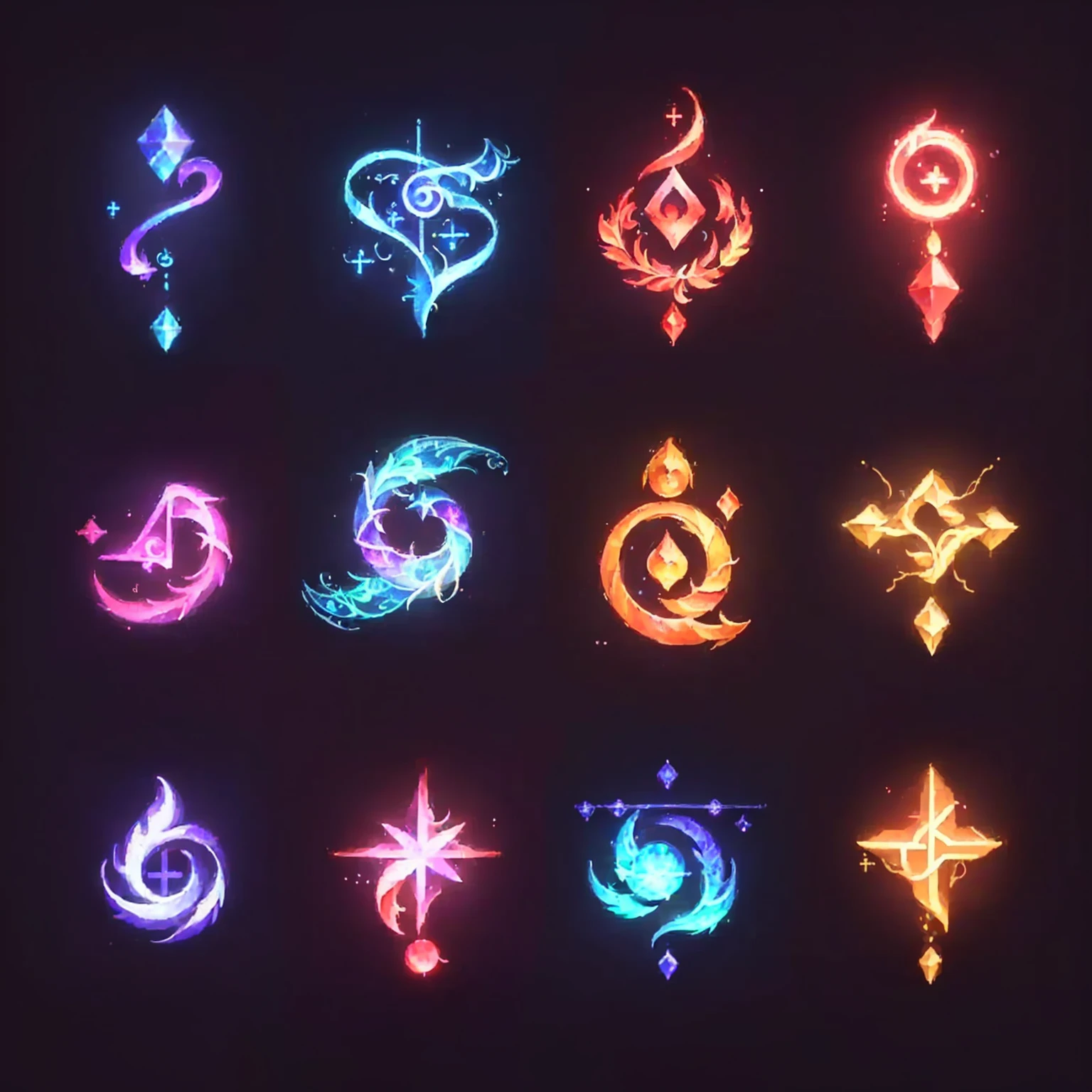 Close up of a bunch of different colored symbols, 发光的Magic Symbols, Fantasy game spell symbols, Neon glowing spell, Magic Talisman, Glowing Rune, glowing digital runes, Magic Symbols, Holographic Runes, Shiny Nordic runes, Glowing Rune, floating sigils, Mysterious art style, Magic Runes, Fantasy game spell icons