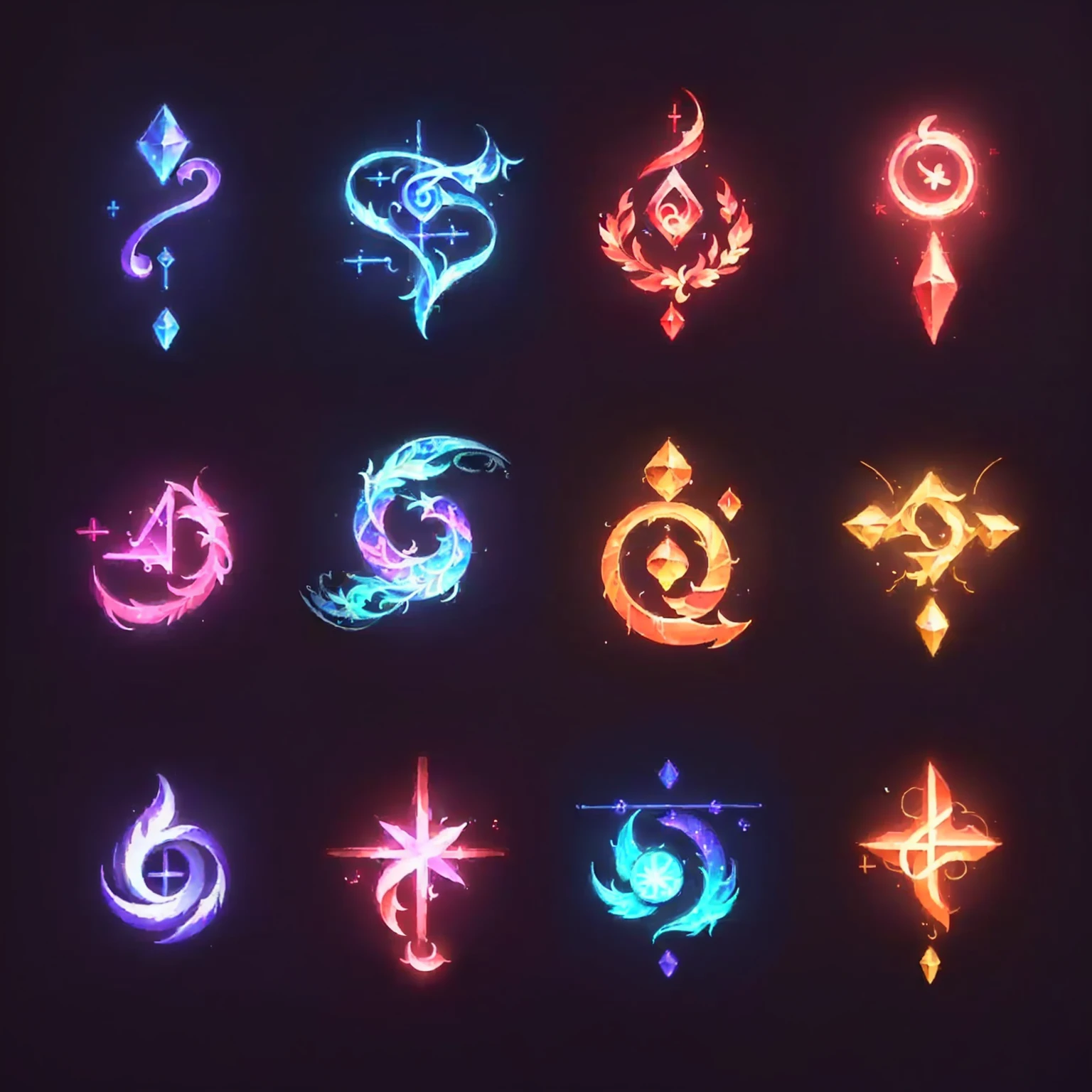 Close up of a bunch of different colored symbols, 发光的Magic Symbols, Fantasy game spell symbols, Neon glowing spell, Magic Talisman, Glowing Rune, glowing digital runes, Magic Symbols, Holographic Runes, Shiny Nordic runes, Glowing Rune, floating sigils, Mysterious art style, Magic Runes, Fantasy game spell icons