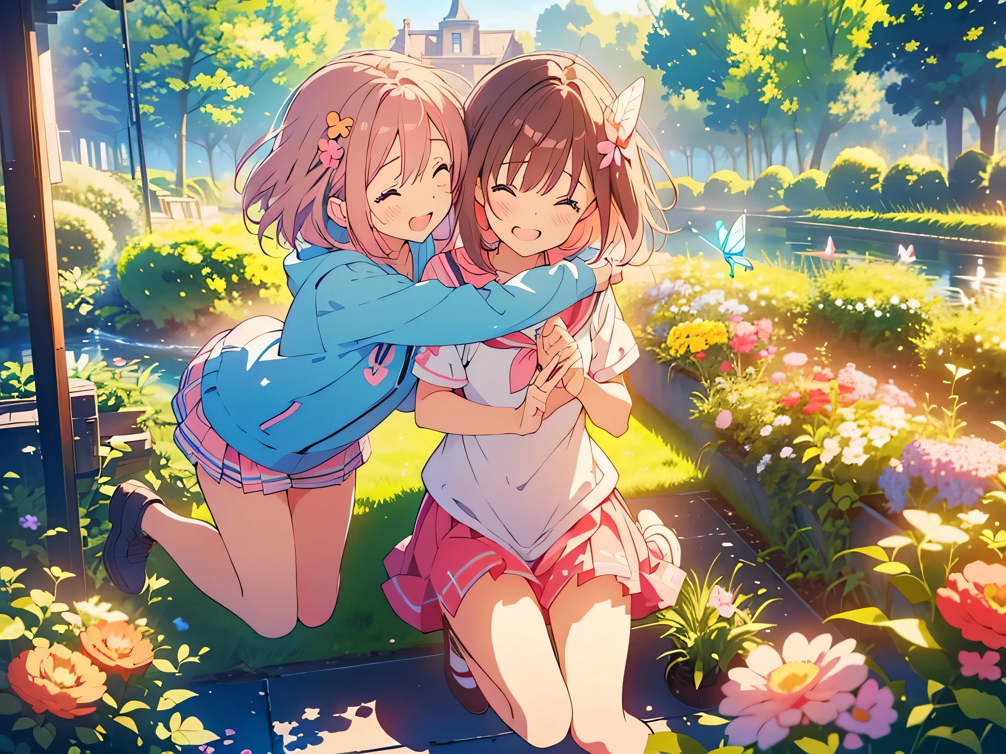 kawaii, anime, Cute, hyper quality, highly detailed, 8k, Clarity, Two girls with brown hair and pink hair, One person has long dark brown hair and green eyes., The other is a young girl with a bright pink short bob and scarlet eyes., Hug each other in Europe's natural water gardens, shed tears, A touching reunion, warm atmosphere, clear blue sky, jump on, whole body, clear air, planted flowers and greenery, Draw facial expressions in detail, highlight on eyes, Close your eyes and cry and laugh, pull perspective, hoodie, Uplifting, jump and hug, Draw the whole body of both of them, light dances, pink hair, Netherlands, pick up a , A small butterfly of light dances, with pink hair and short bob,