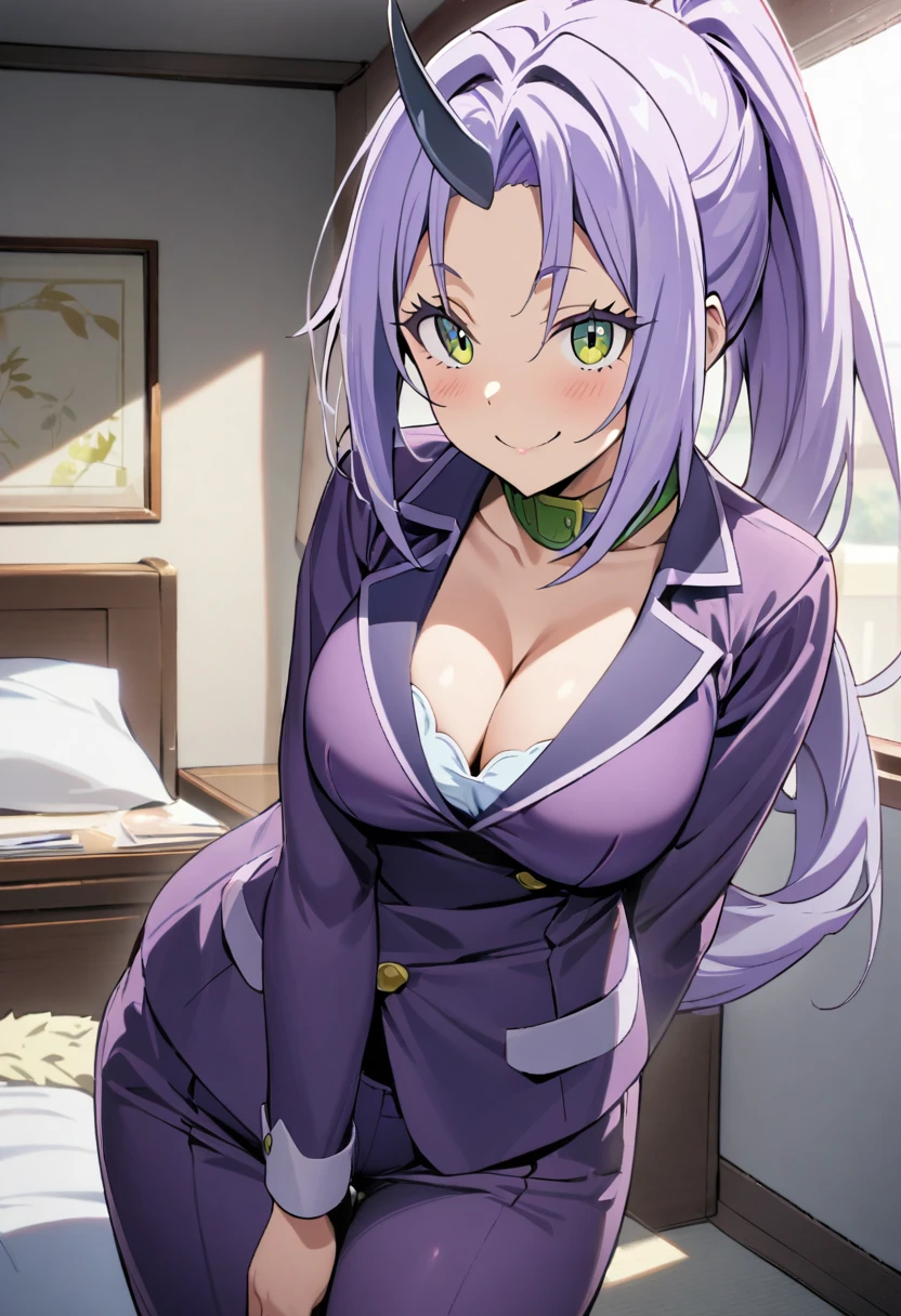 1girl, shion \(tensei shitara slime datta ken\), tensei shitara slime datta ken,One black horn growing out of the forehead,purple hair,pony tail,purple blazer,green collar,longsleeve,cleavage,purple pants suit,room,smile,confident,masterpiece, best quality, absurdres,