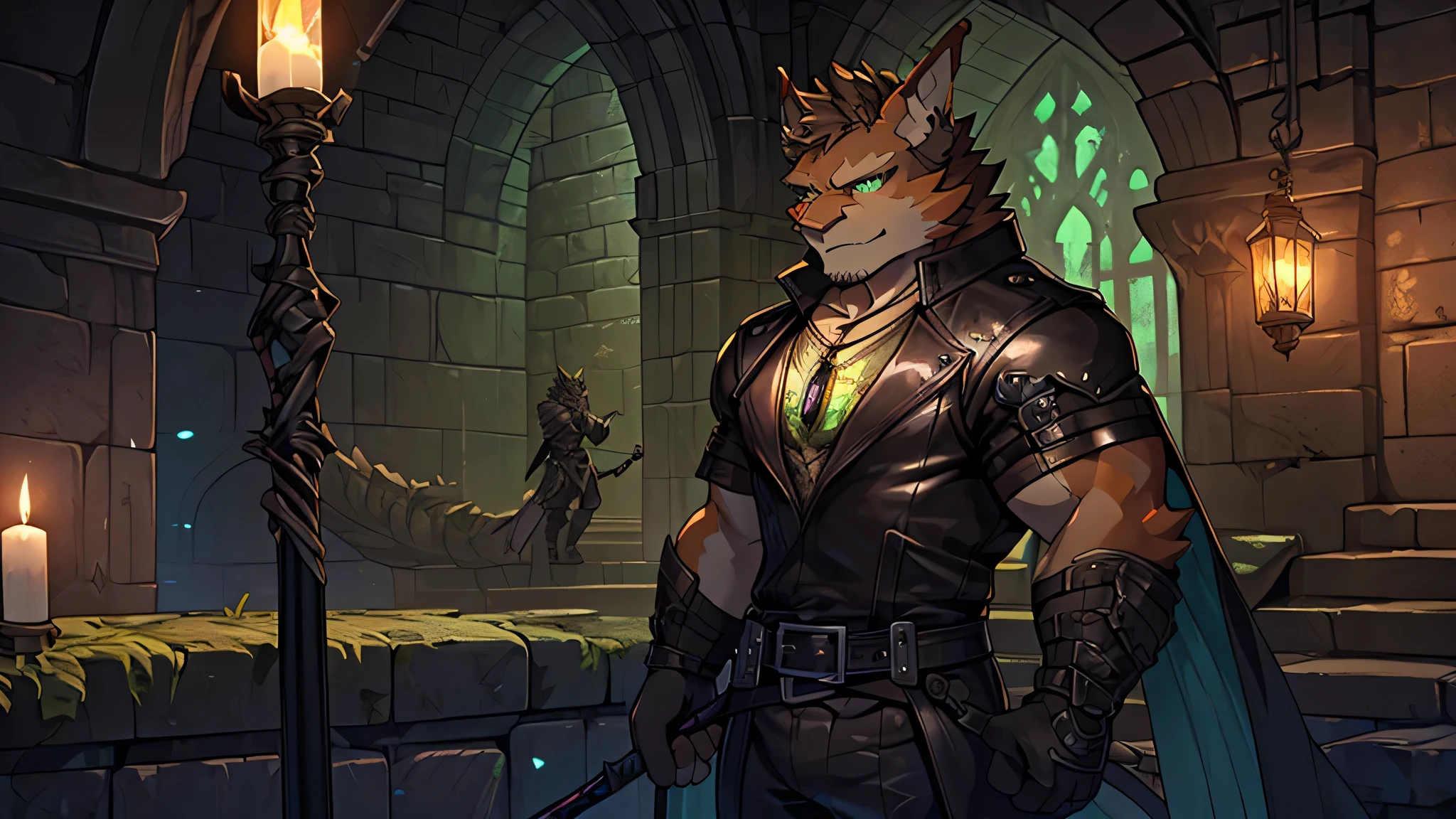 (one person,male,Holding a staff,Orange fur,green eyes,Nervous expression,Leather gear,necklace,Gargoyle),Dimly lit dungeons,green lichen,Detailed Background,4K,dark,dungeon style